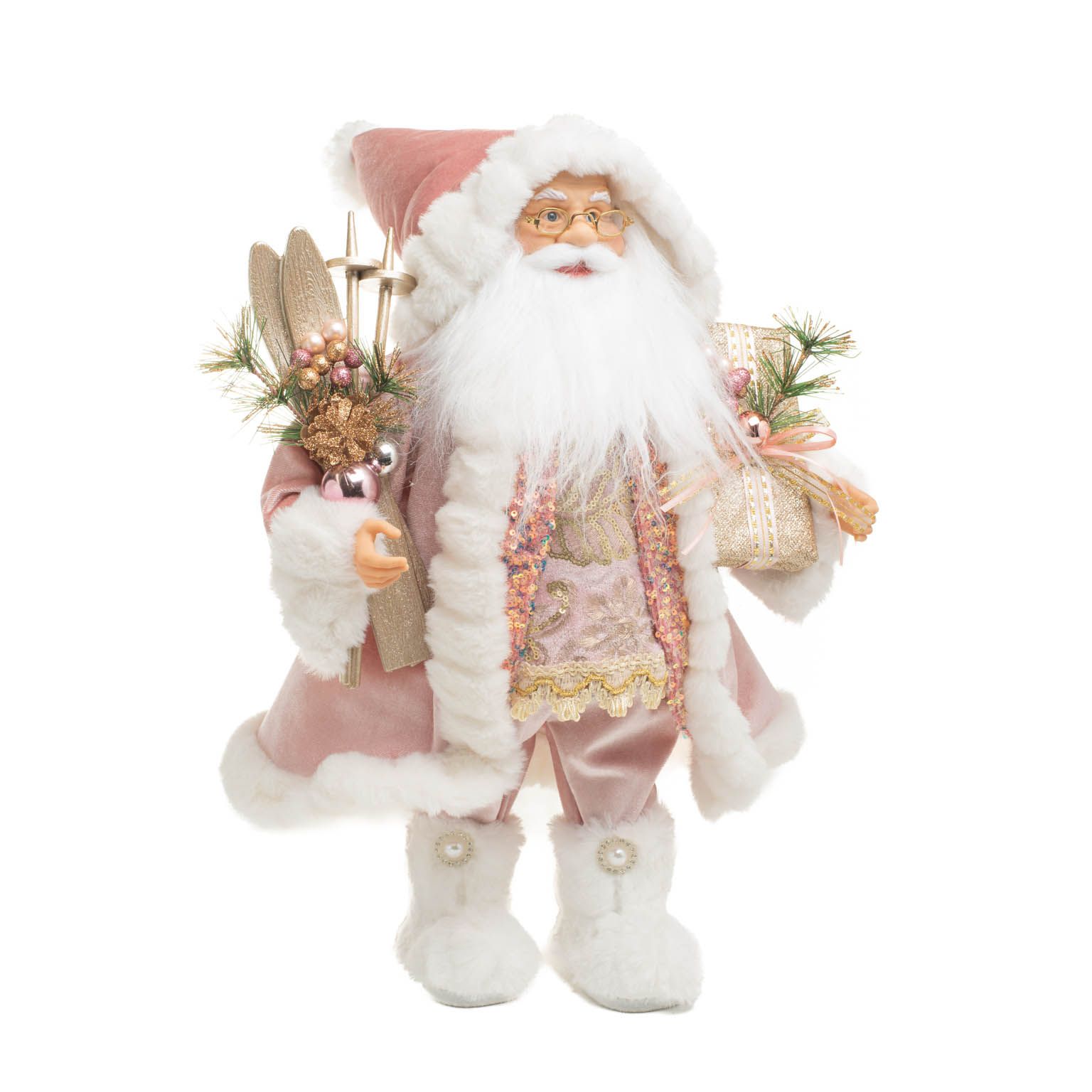 Pink and White Velour Santa Figurine with Gifts