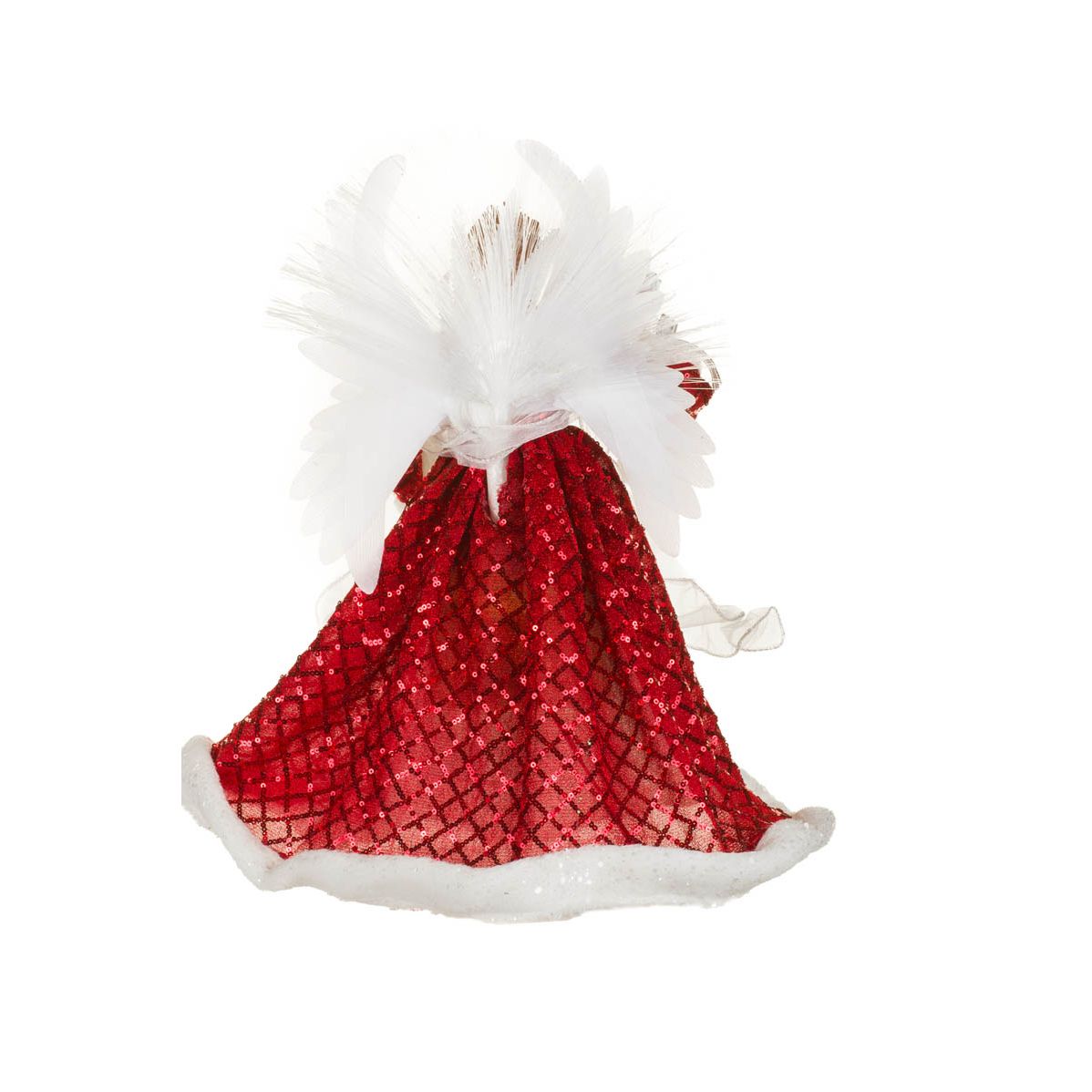 Cime de sapin ange suspendue en tissu rouge et argent à sequins fibre optique avec bouquet