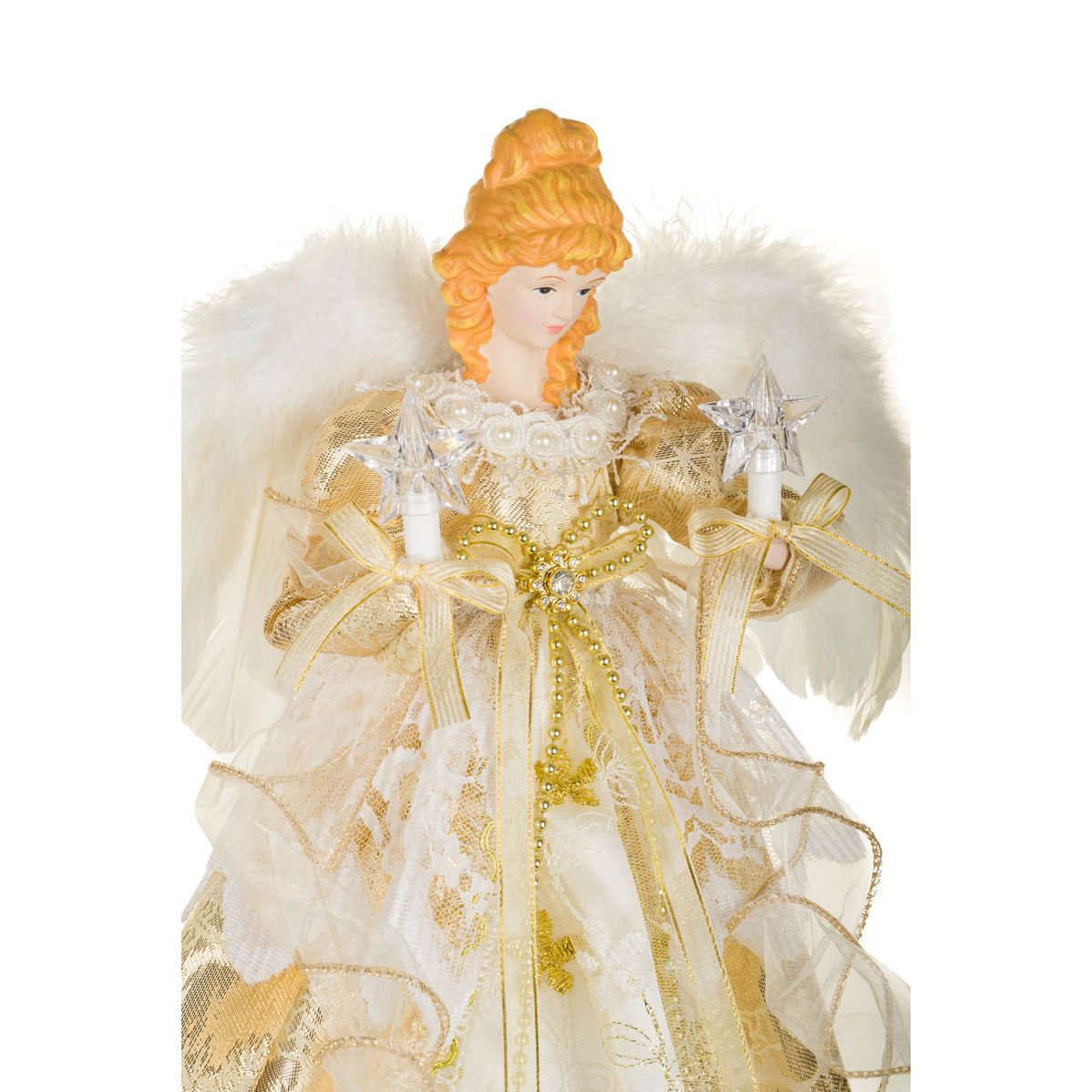 Cime de sapin ange en tissu or et ivoire avec étoiles à 10 lumières