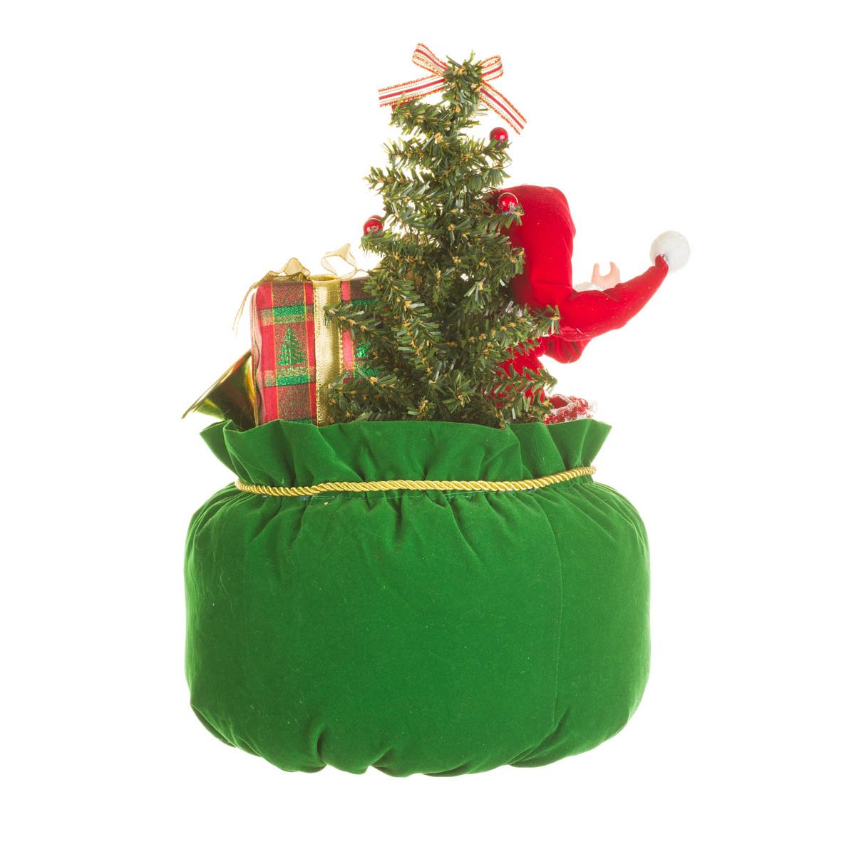 Figurine Père Noël fabricant de jouets suspendue en tissu rouge et vert avec ours