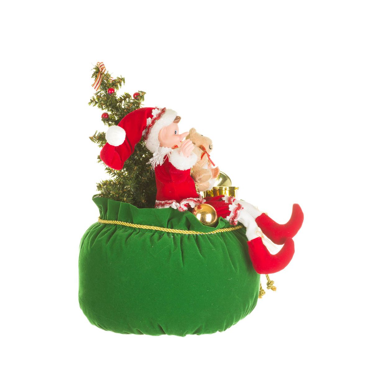 Figurine Père Noël fabricant de jouets suspendue en tissu rouge et vert avec ours