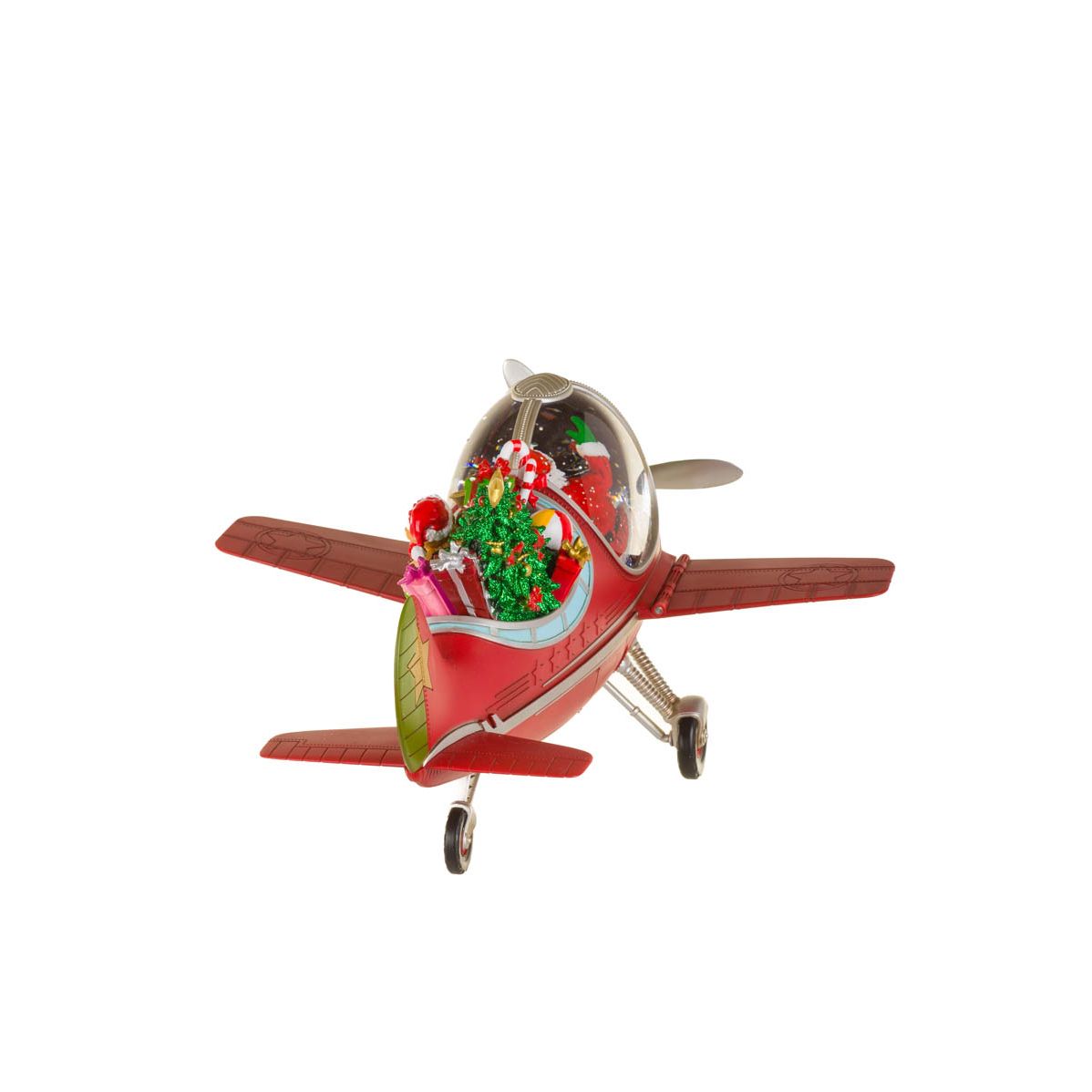 Boule à neige suspendu en plastique rouge avion du Père Noël avec DEL blanc chaud