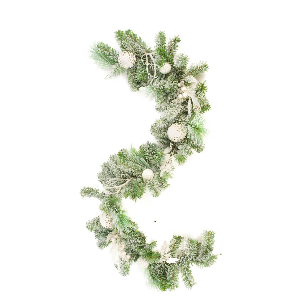 Hangable Flocked White Plastic Fir and Pine Garland Harlequin Bulbs