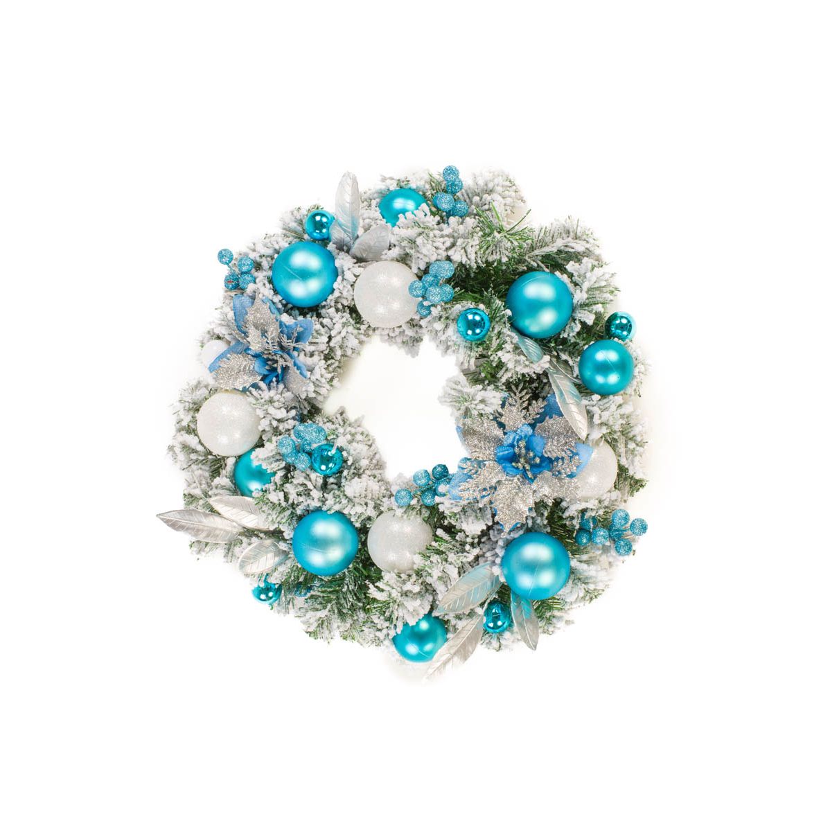 Couronne givrée bleu et argent en plastique fleurs forêt enneigée