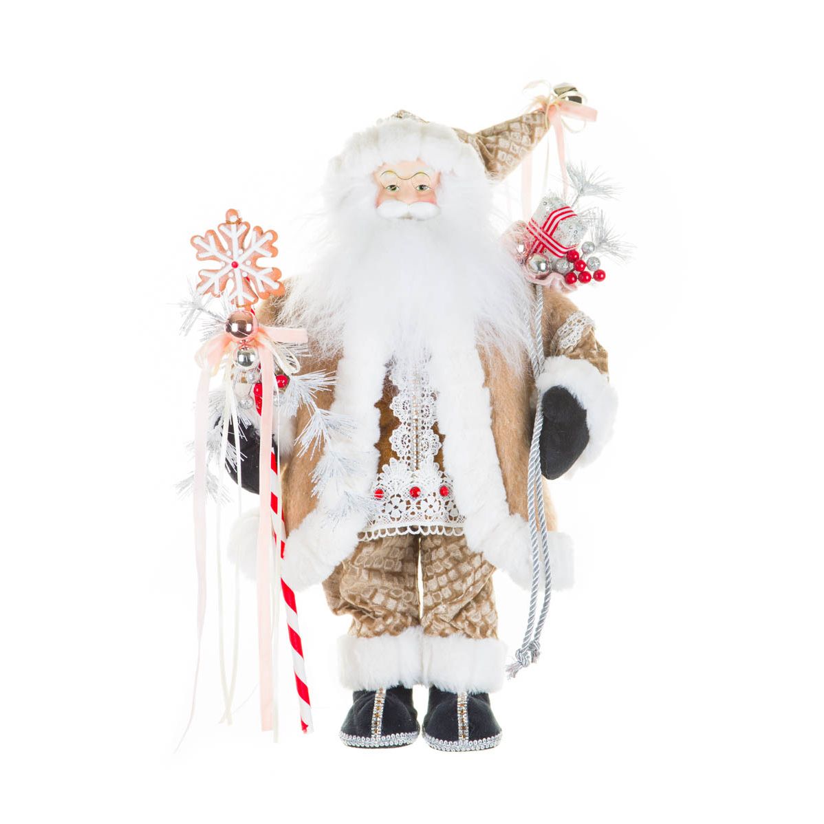 Rhinestoned Cream and White Fabric Gingerbread Santa Figurine Presents