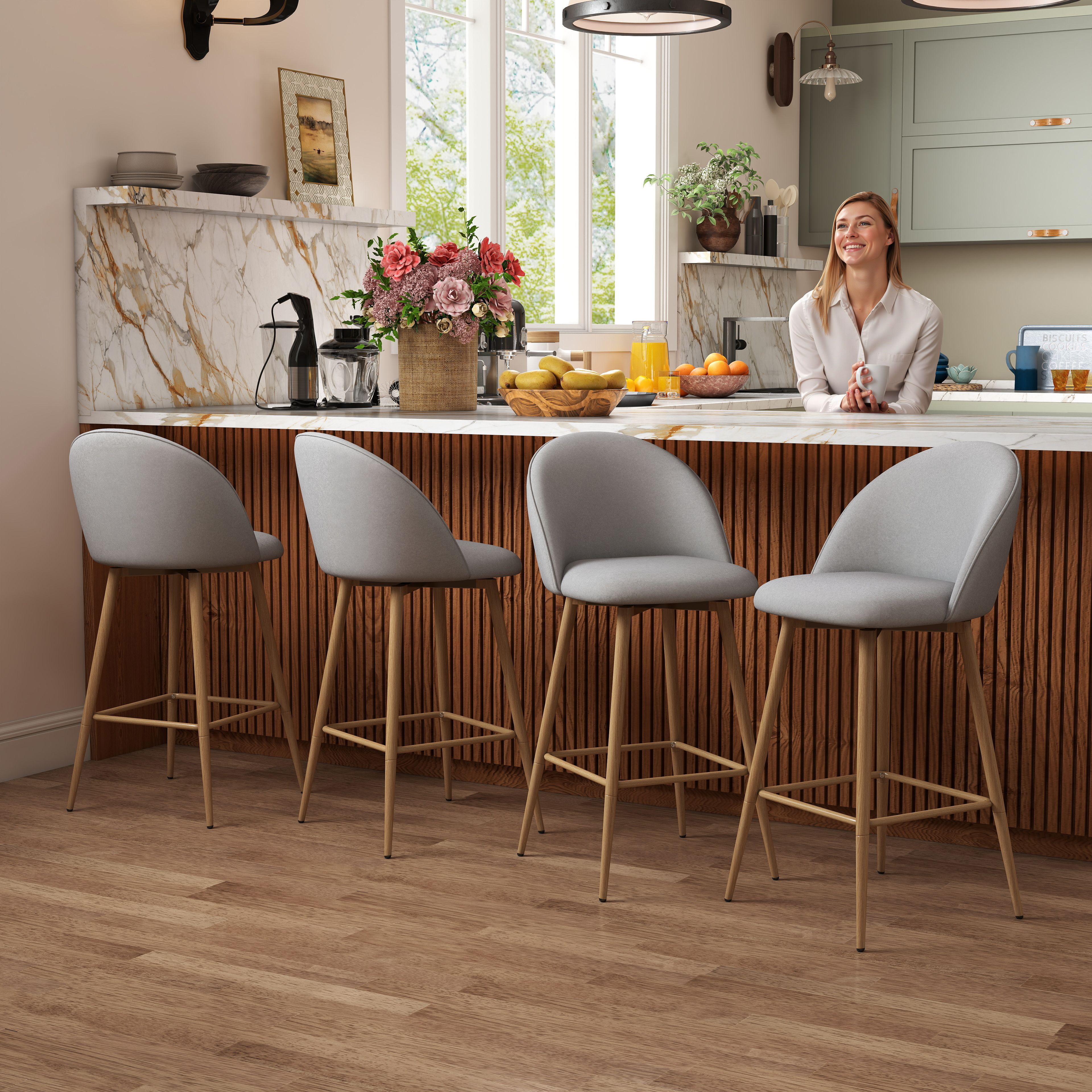 Tabourets de comptoir modernes en tissu gris, Ensemble de 4