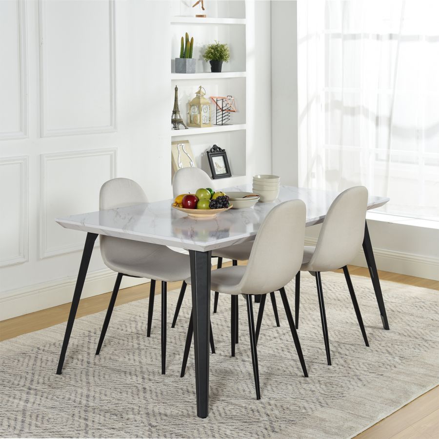 Maison Classique Dining Set Including Marble White Dining Table with Beige Dining Chairs, 5 Pieces  