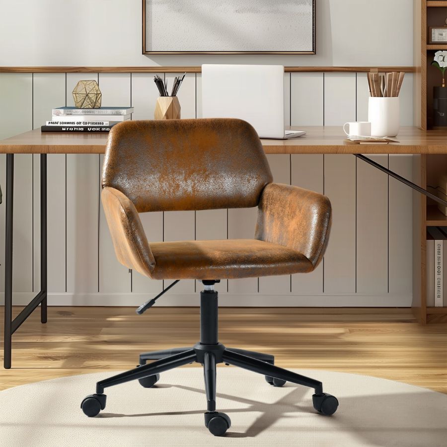 Chaise de bureau pivotante réglable en suède marron avec accoudoirs