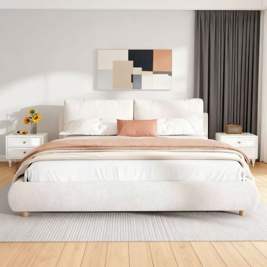 Lit plateforme minimaliste rembourré en bouclé – Très grand, Beige
