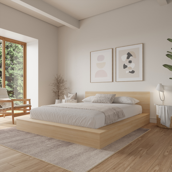 Ensemble de lit plateforme bas Kyle - Chêne blond naturel