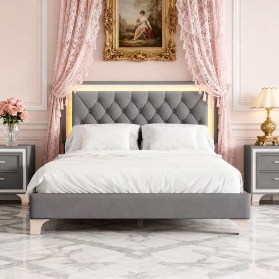 Velvet LED Bed Frame with Tufted Headboard - Queen