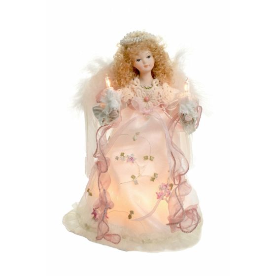 Petite cime de sapin ange en tissu ivoire cheveux bouclés blonds à 10 lumières