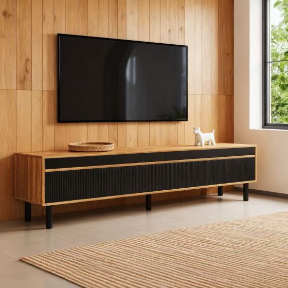 Modern 67" TV Stand with 4 Doors, Black & Natural Wood