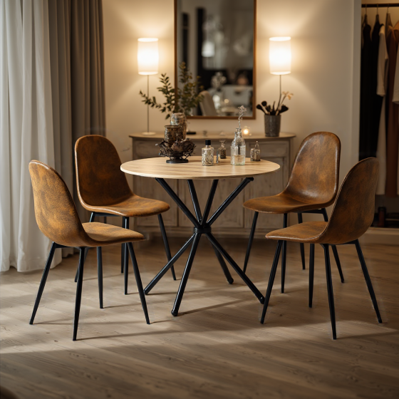 Modern 5-Piece Round Oak Dining Set with Brown Suede Chairs