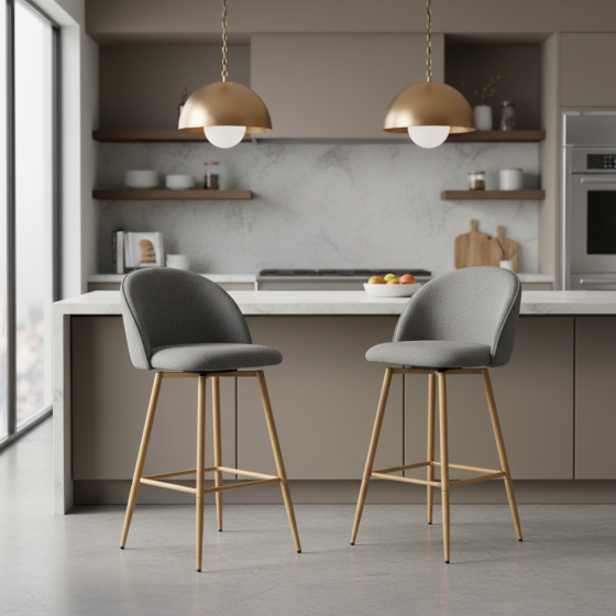 Set of 2 Grey Fabric Swivel Counter Barstools by Maison Classique