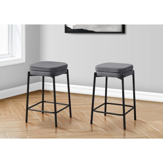 Tabouret de bar, ensemble de 2 - Tissu gris et Métal noir, hauteur comptoir