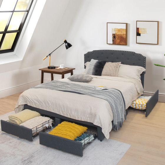 Platform Bed Frame with Adjustable Headboard and 4 Storage Drawers