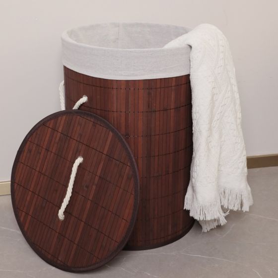 Panier à linge rond pliable en tiges de bambou avec couvercle