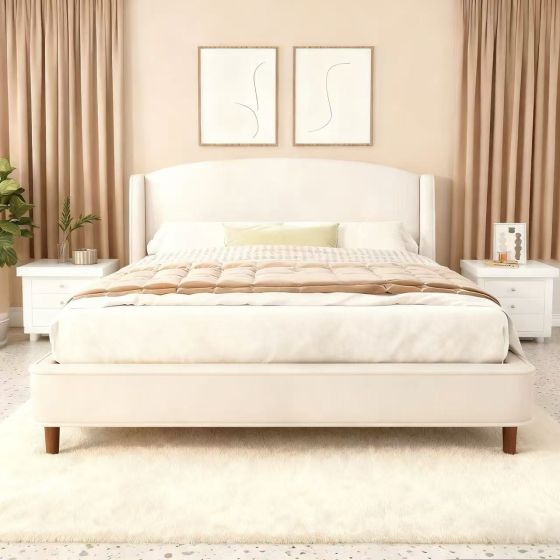King Upholstered Platform Bed with Wingback Headboard – Beige