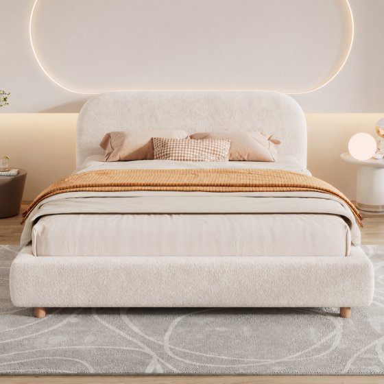 Lit plateforme minimaliste rembourré en bouclé – Très grand, blanc