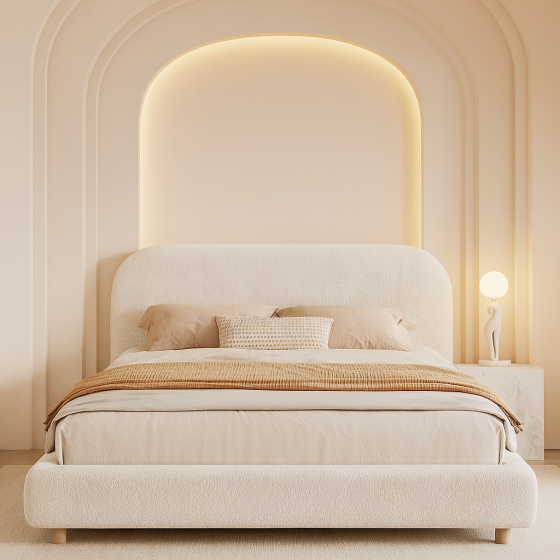 Modern Minimalist Queen Upholstered Bed in Loop-Pile Fabric – Beige