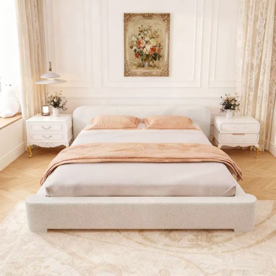 Cozy White Boucle Upholstered Bed – King