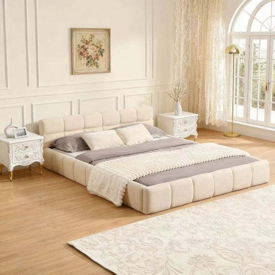 Elegant Beige Chenille Upholstered Bed with Checkerboard Headboard – Queen
