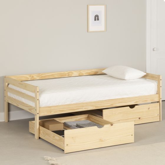 Lit banquette simple Sweedi en bois massif avec tiroirs de rangement