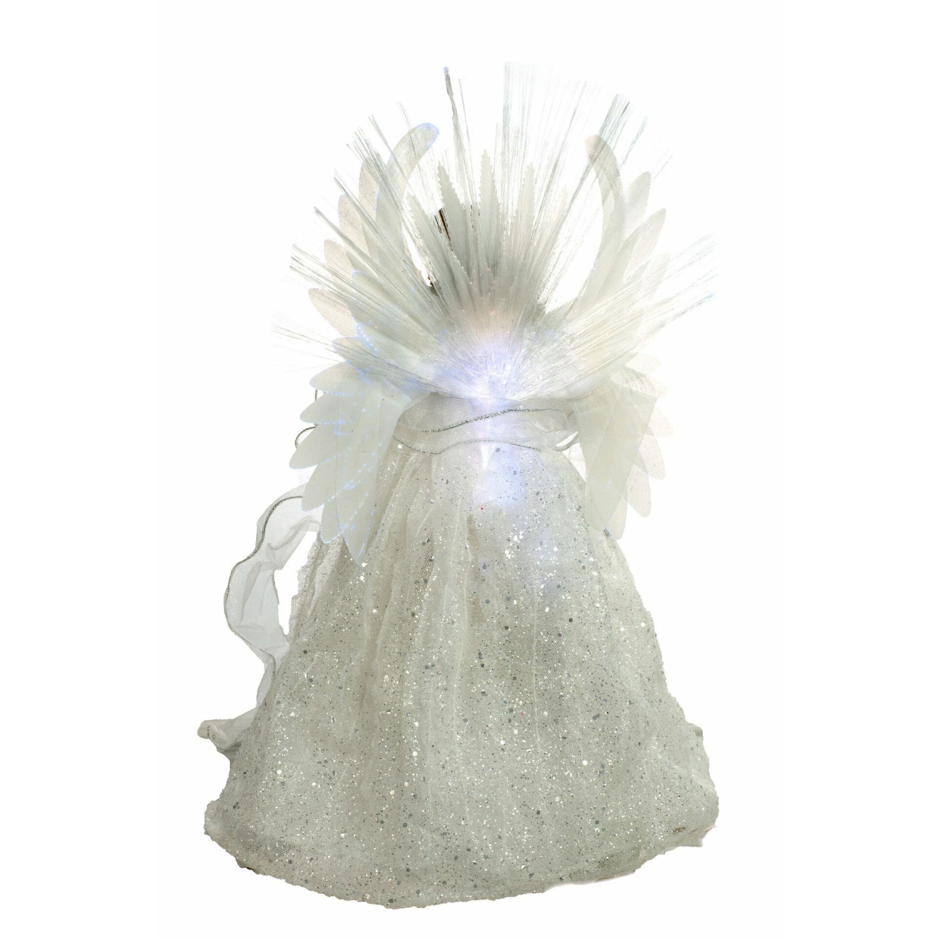 Grande cime de sapin ange moderne en tissu blanc et argent fibre optique