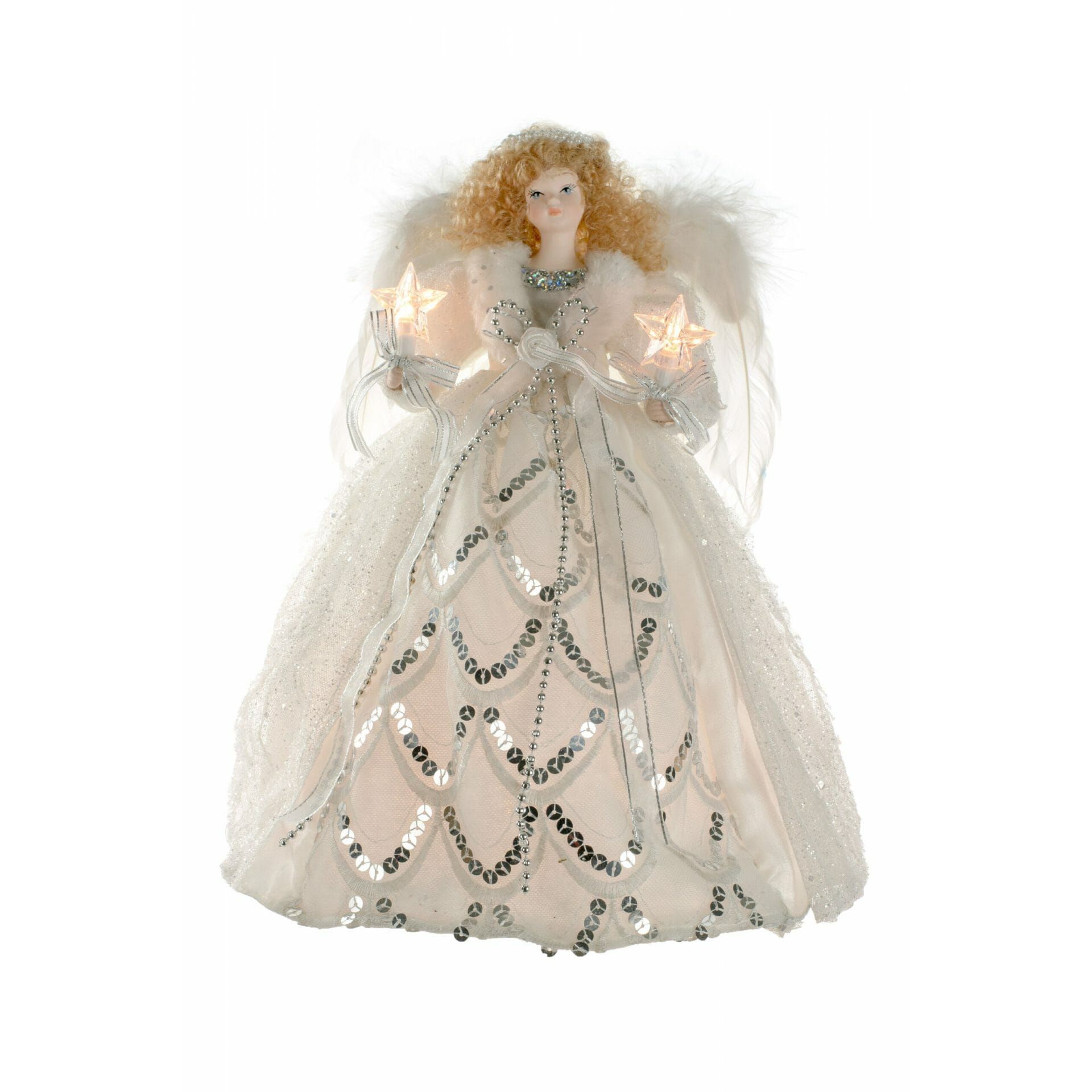 Cime de sapin ange contemporaine en tissu blanc/argent à 10 lumières