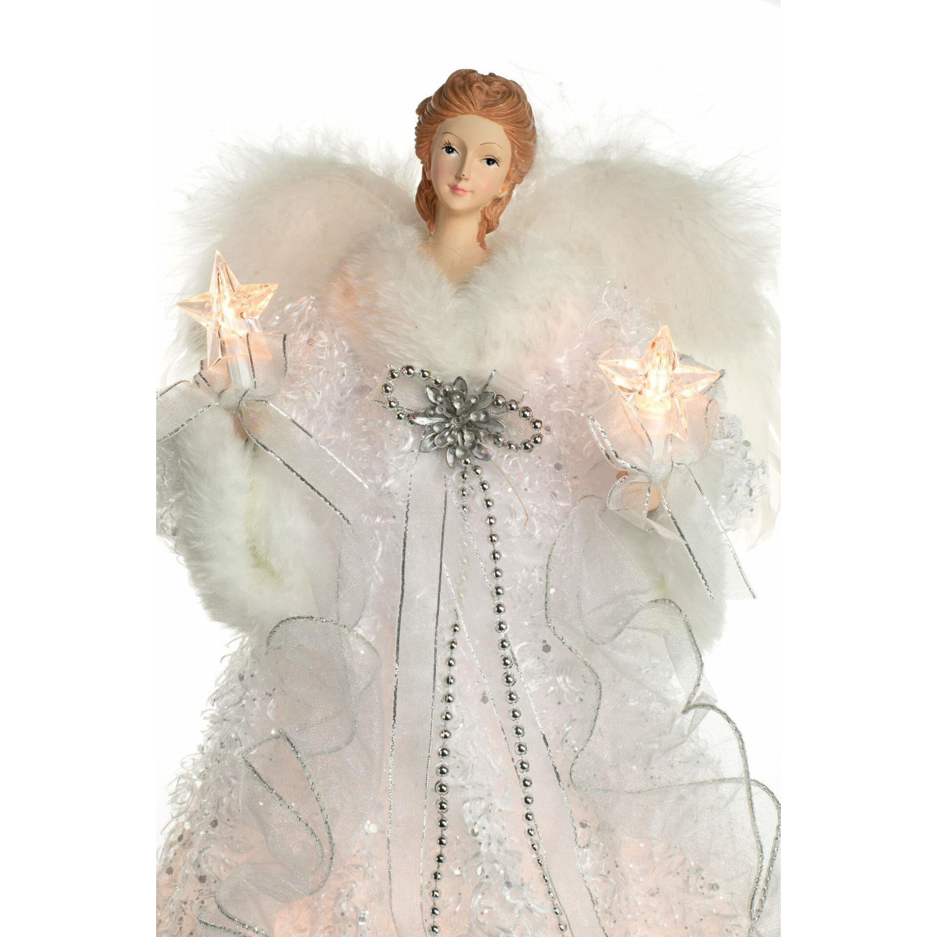 Cime de sapin ange moderne en tissu blanc/argent à 10 lumières