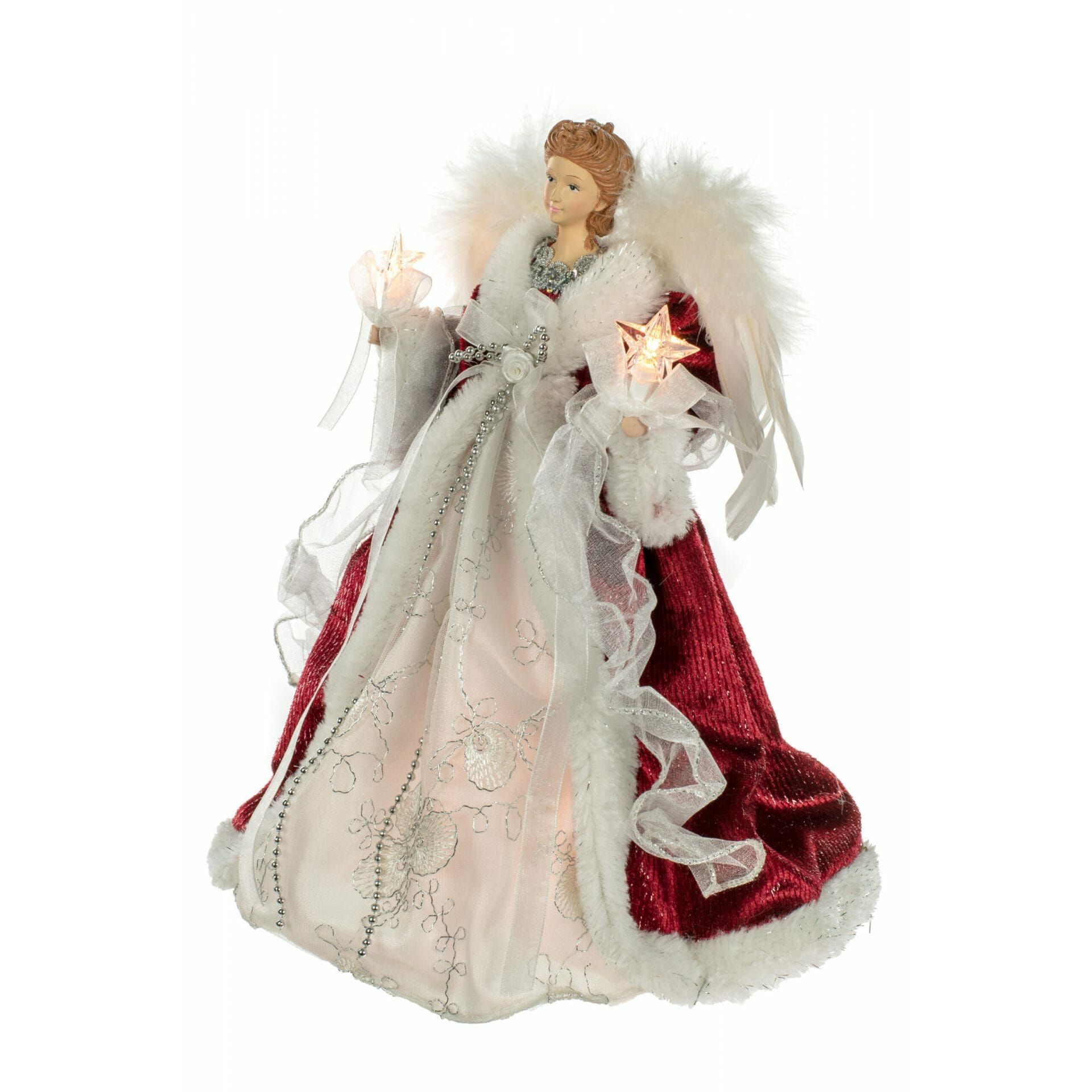 Cime de sapin ange moderne suspendue en tissu rouge et blanc à 10 lumières avec ailes blanches duveteuses