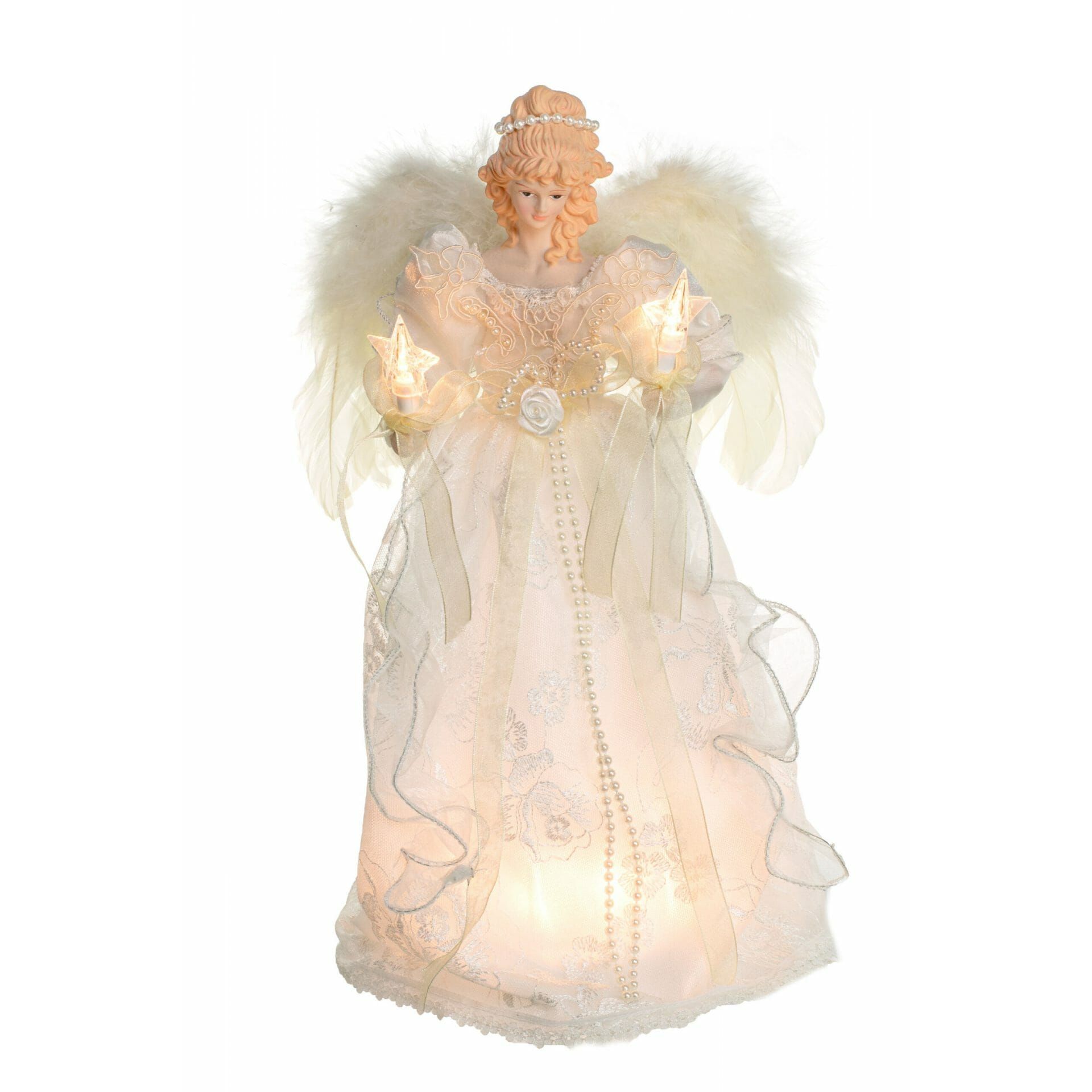 Cime de sapin ange vintage en tissu ivoire à 10 lumières