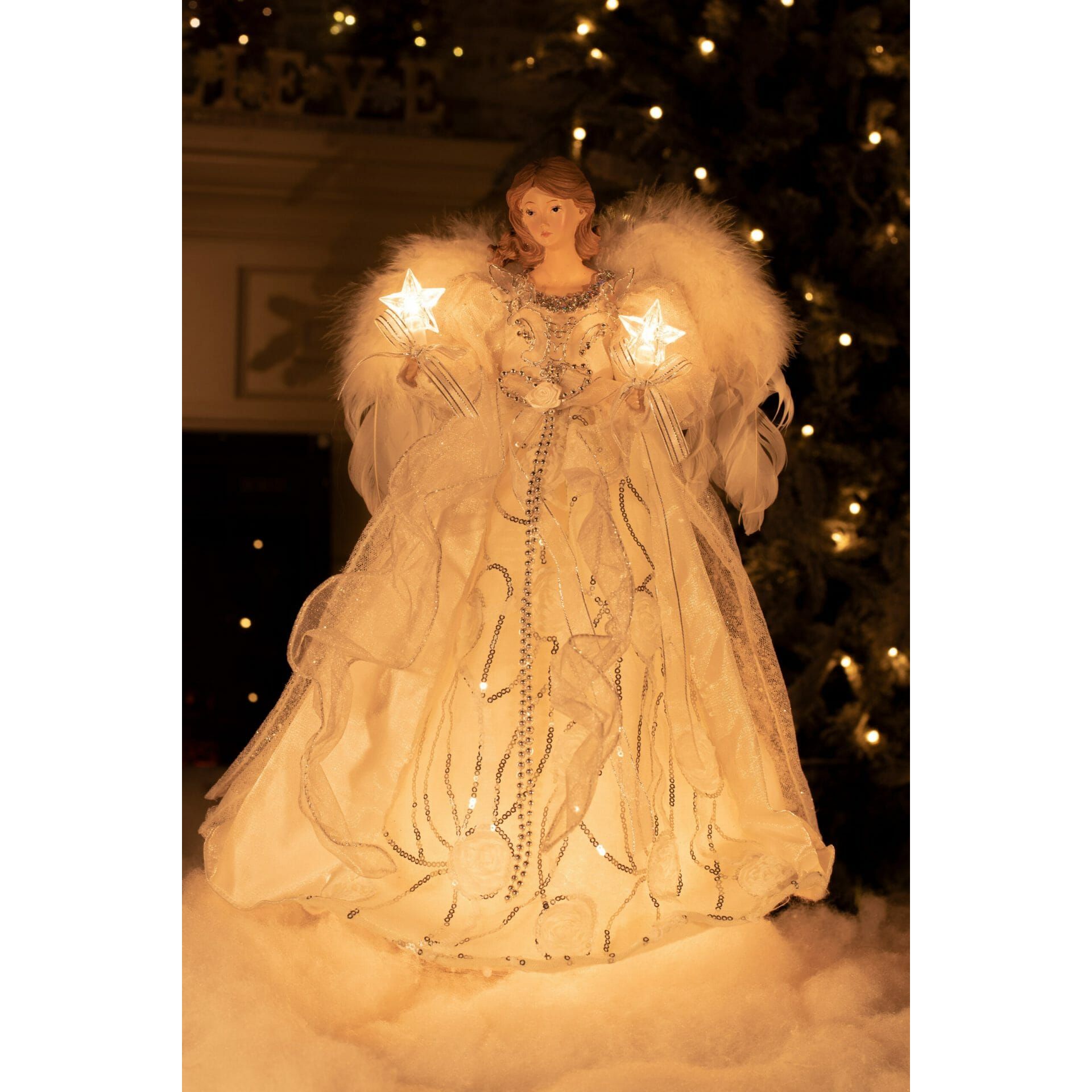 Cime de sapin ange moderne en tissu blanc et argent à 10 lumières