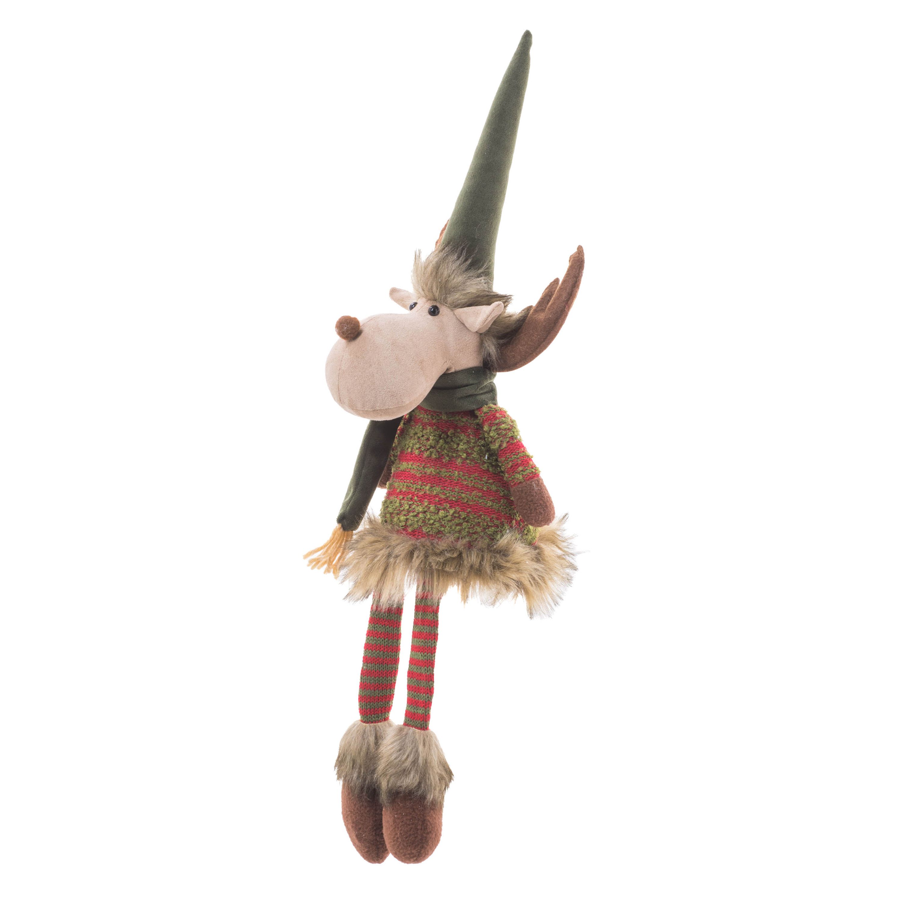 Figurines rennes en coton tartan beige et rouge, ensemble de 2