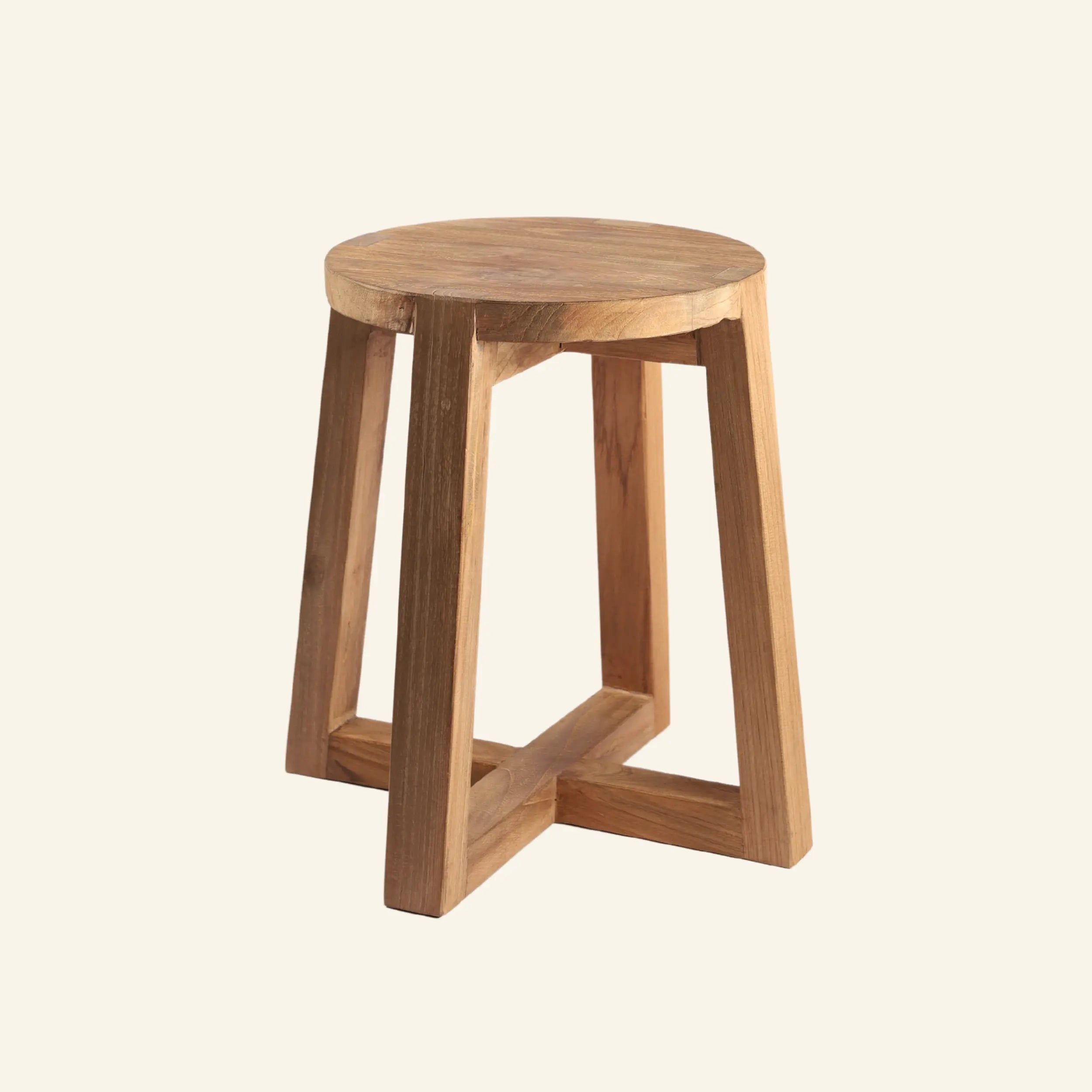 Tabouret rond en teck avec pied en X  