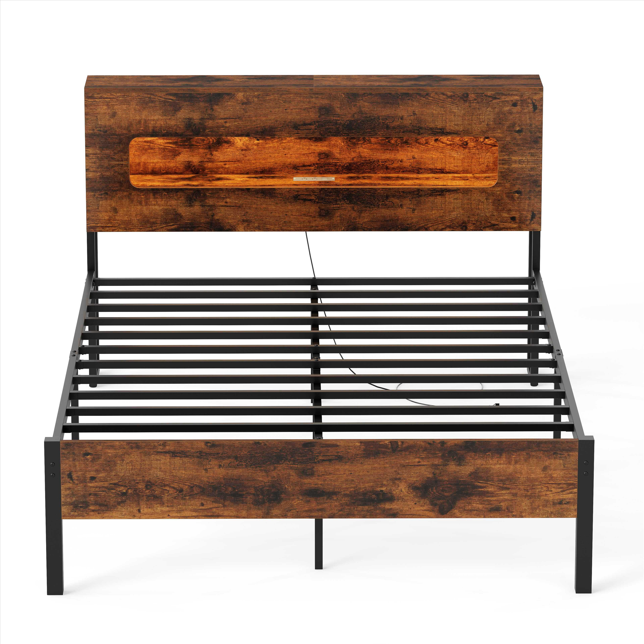 Slatted Full Bed Frame, LED Lights and Storage Headboard No Box Spring Needed - Full Size