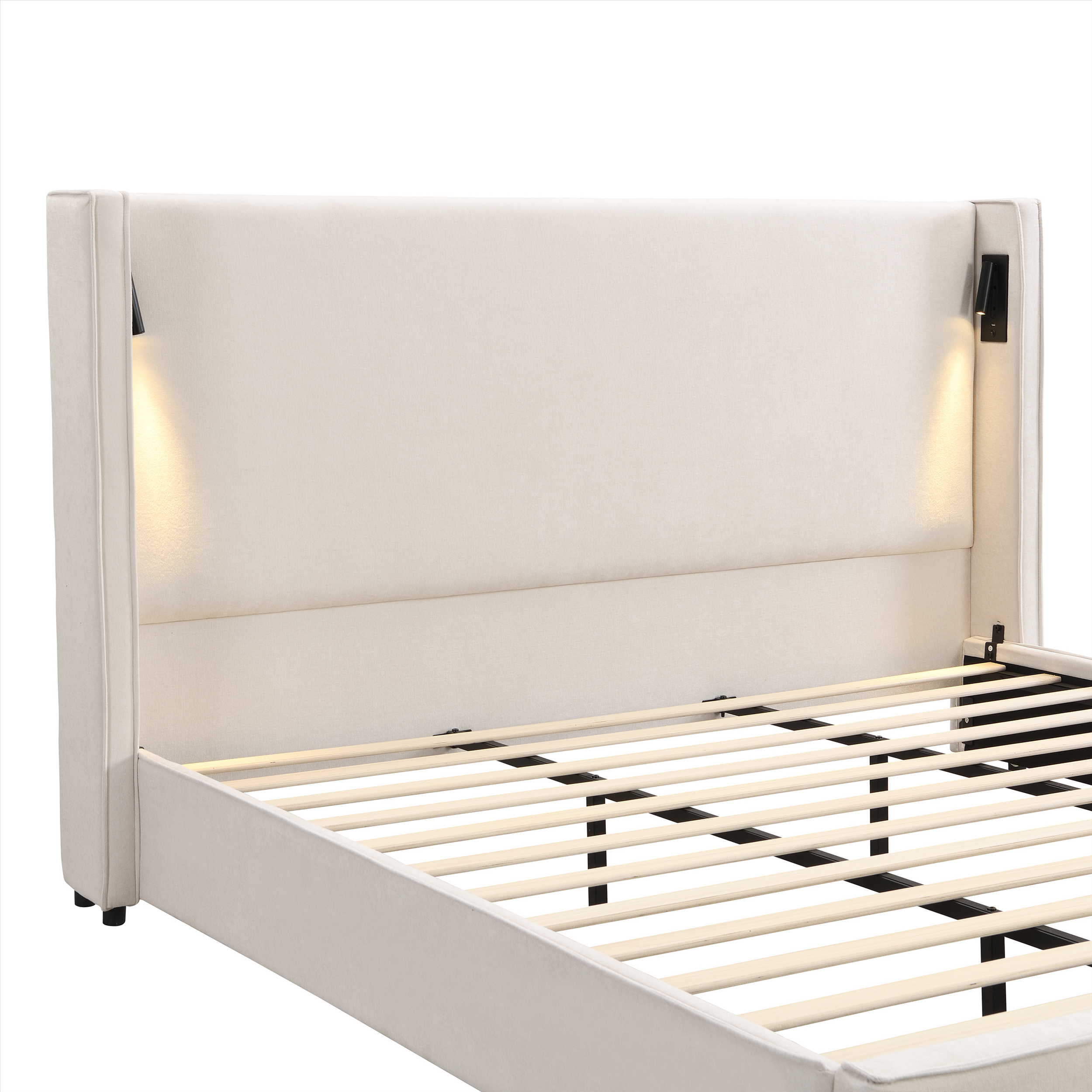 Lit king capitonné avec tête de lit à ailes et lampes de lecture – Beige