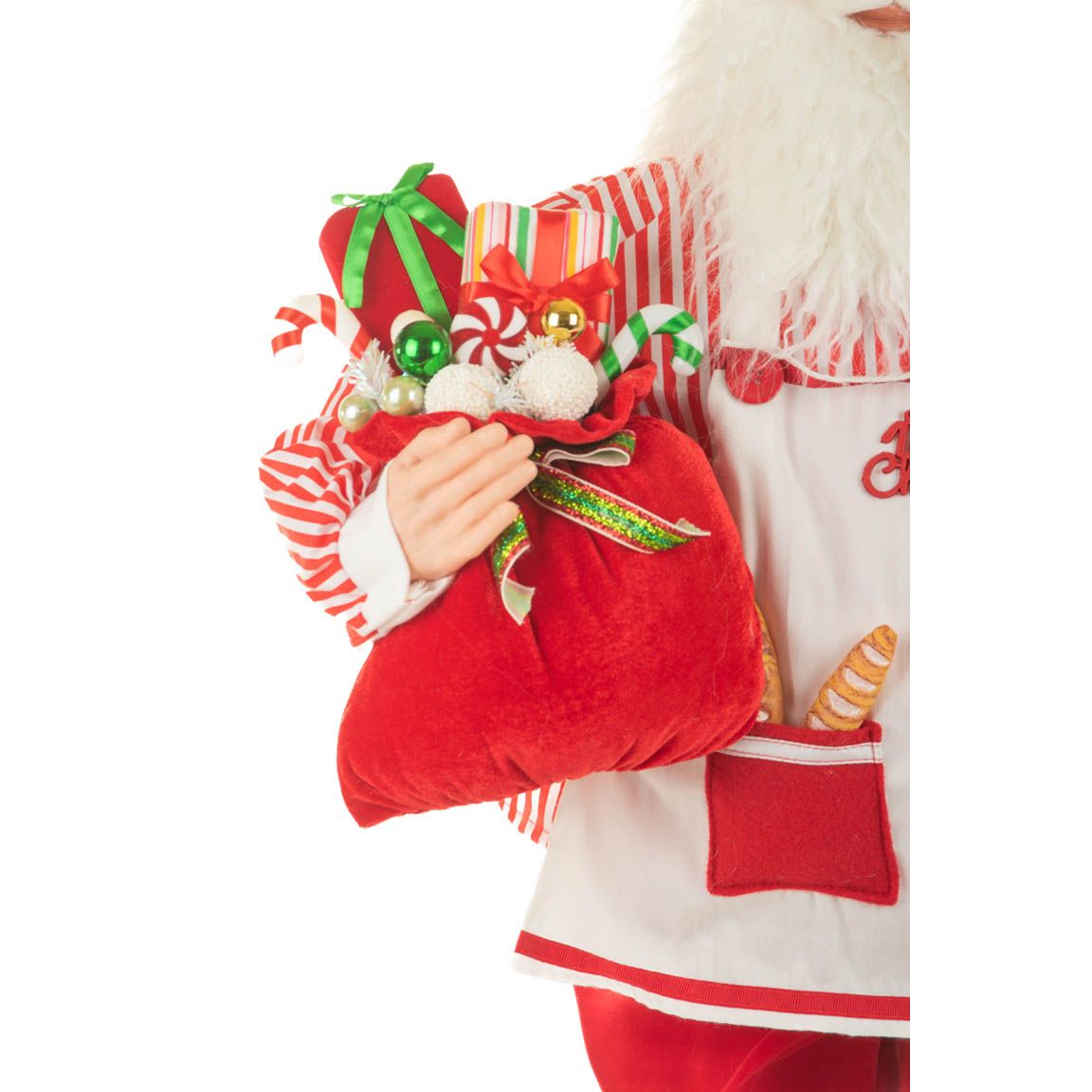 Grande figurine Père Noël chef en tissu rouge et blanc canne en sucre prêt à cuisiner