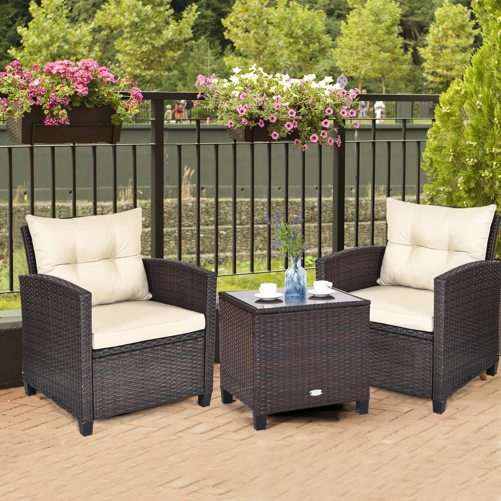 3-Piece Cushioned Rattan Patio Conversation Set, Coffee Table