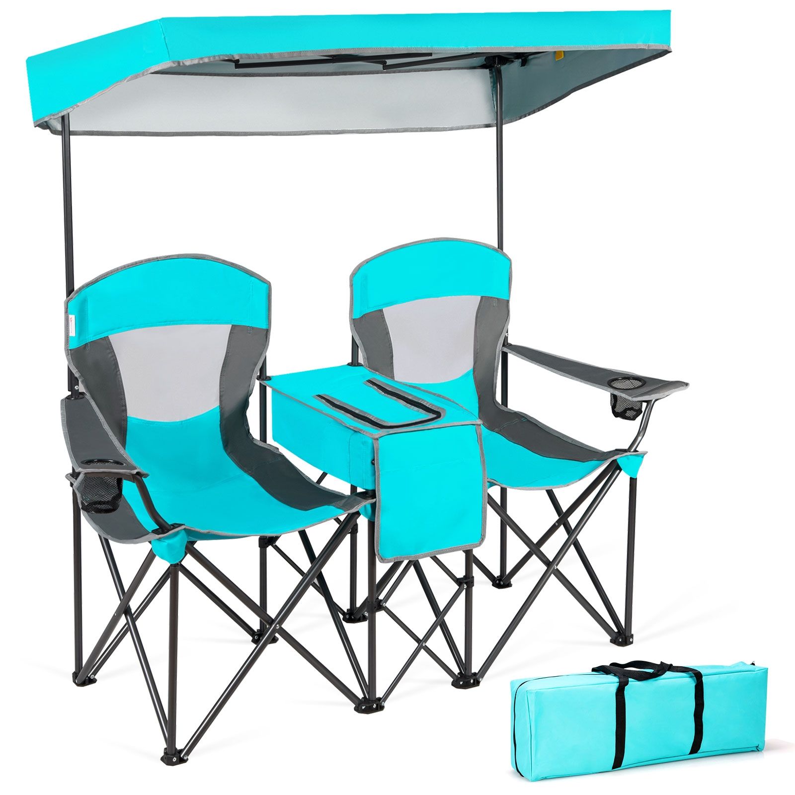 Chaises de camping pliantes portables, auvent et porte-gobelets, Turquoise