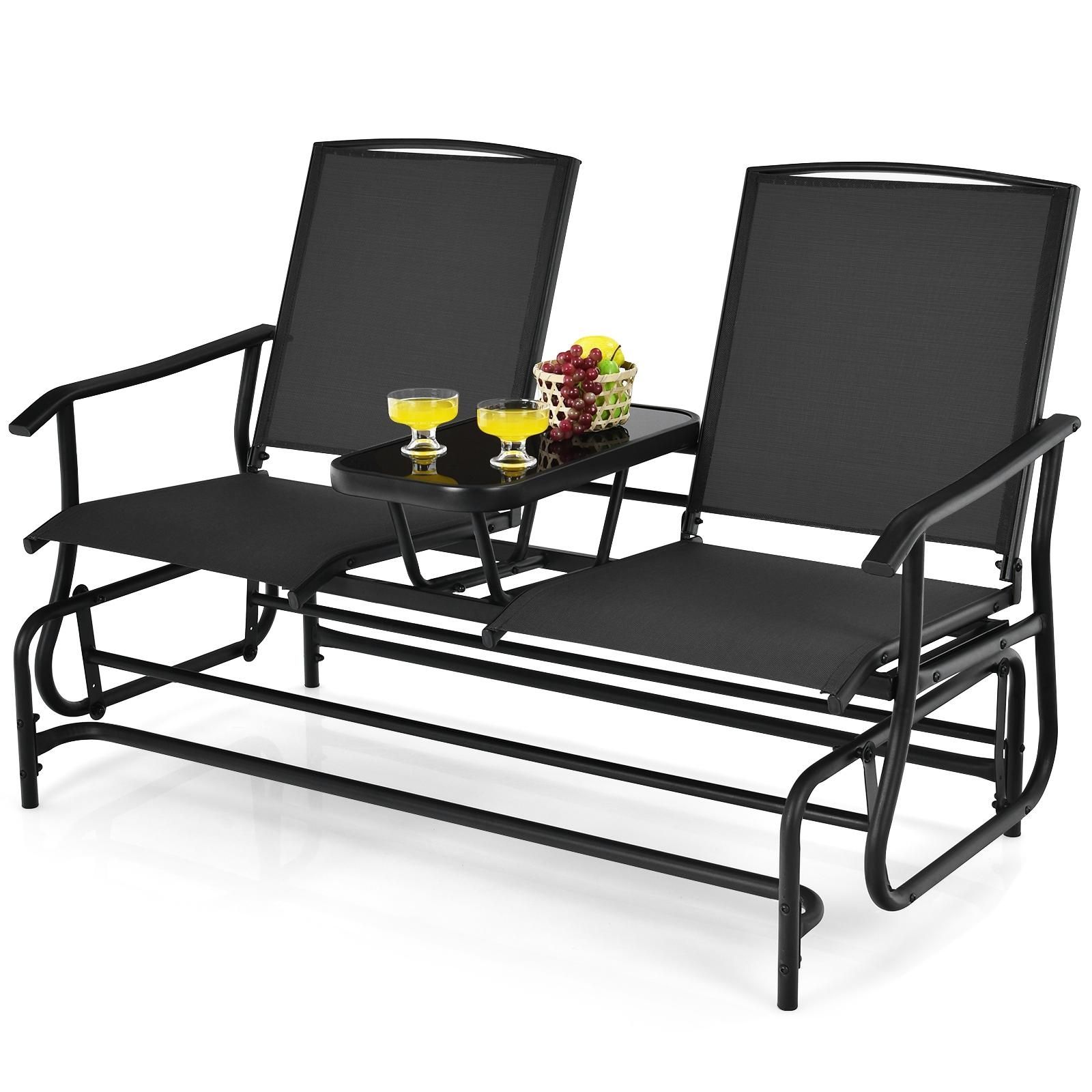 Canapé à bascule double pour 2 personnes, tissu en maille et table centrale en verre trempé - Noir