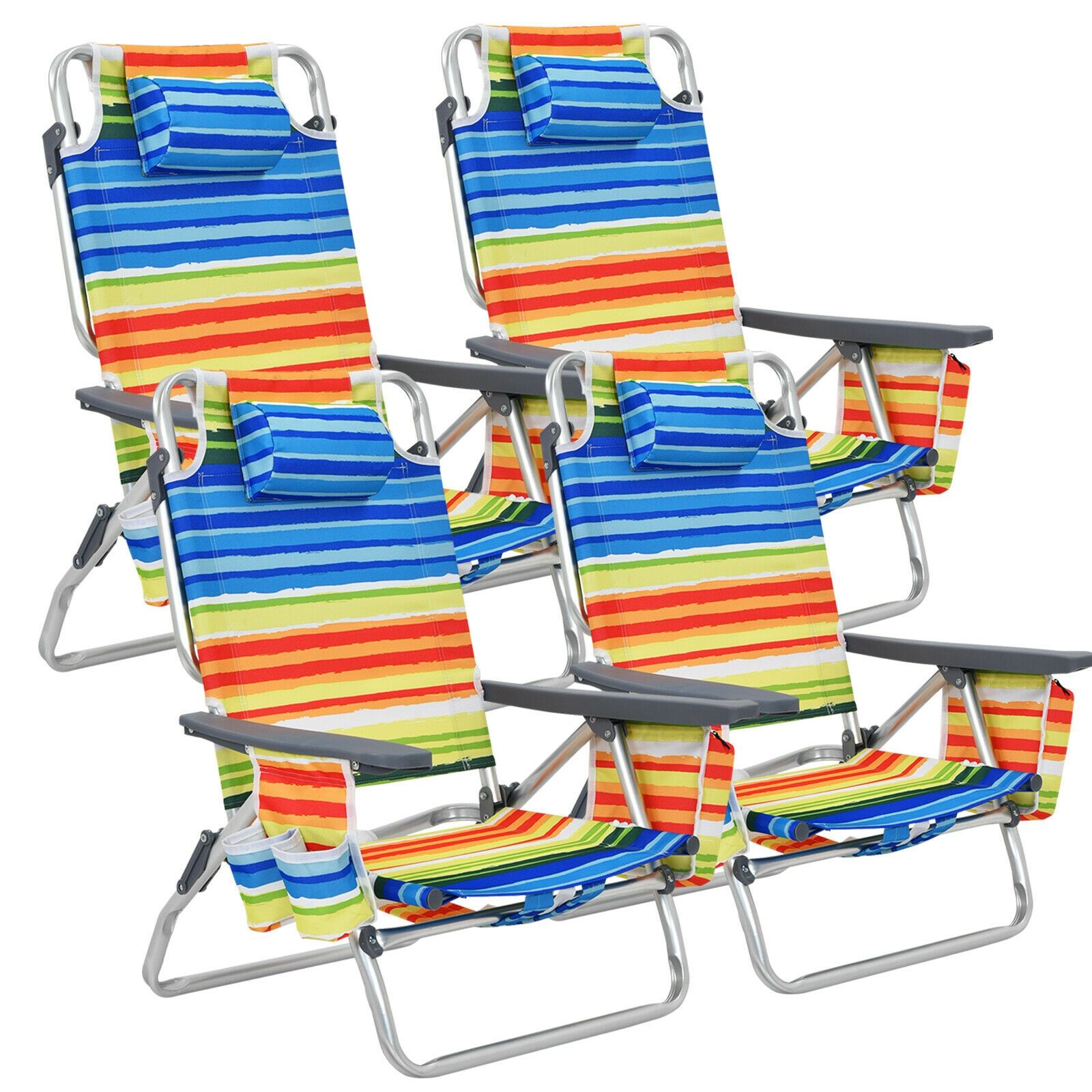 4-Pack 5-Position Outdoor Folding Backpack Beach Reclining Chair, Pillow