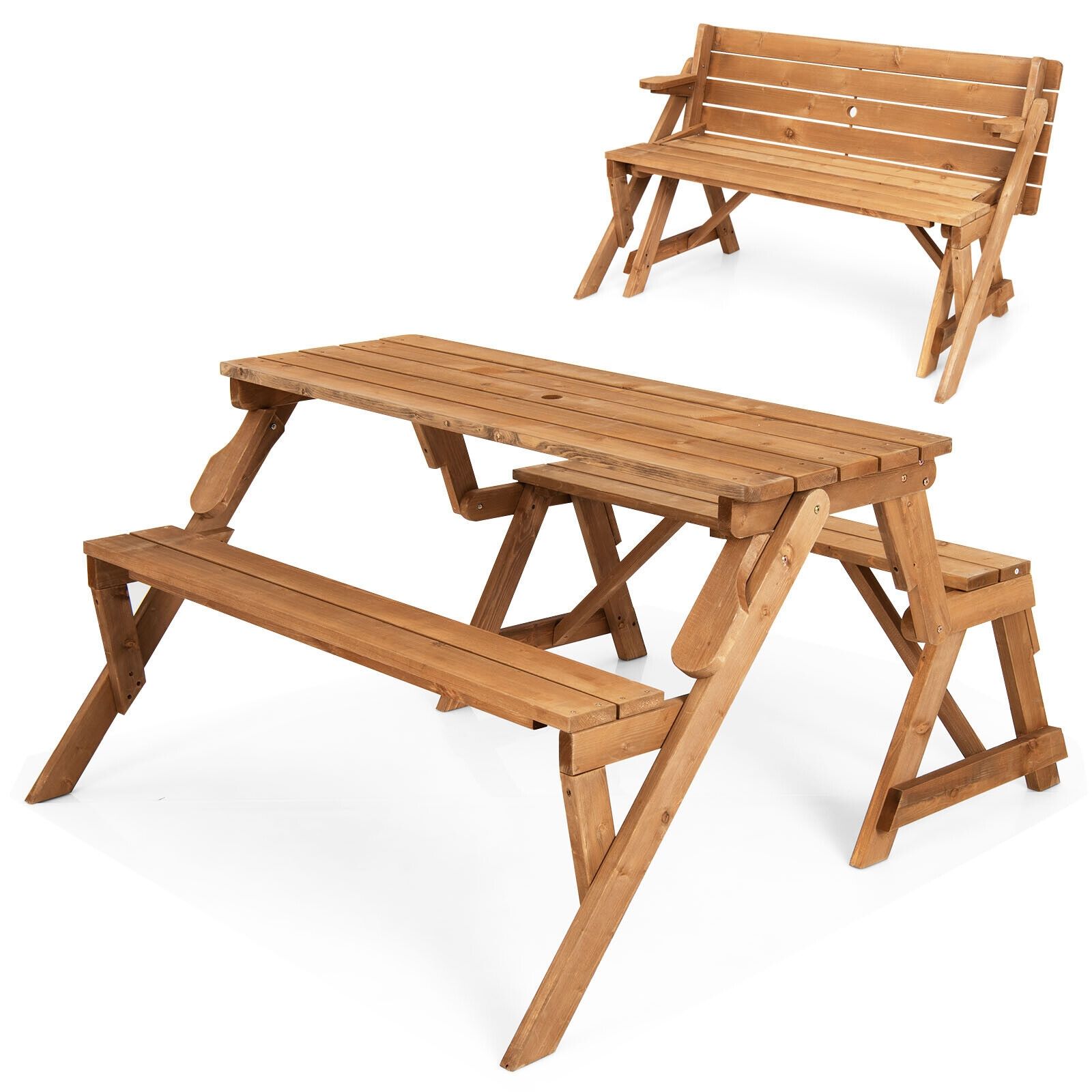 Banc de pique-nique en bois transformable 2-en-1, trou pour parasol - Naturel