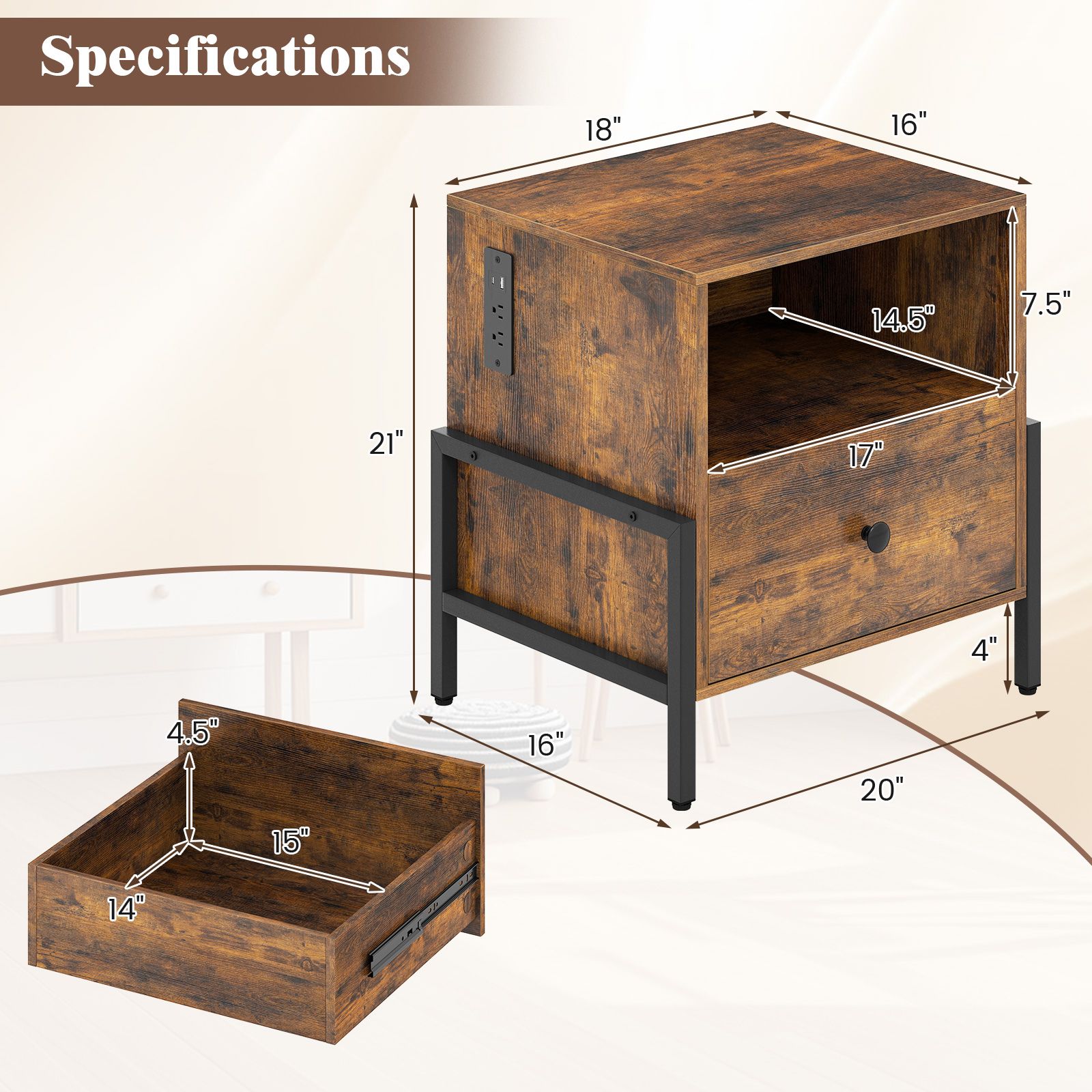 Nightstand, Charging Station and Drawer Sofa Side Table - Rustic Brown