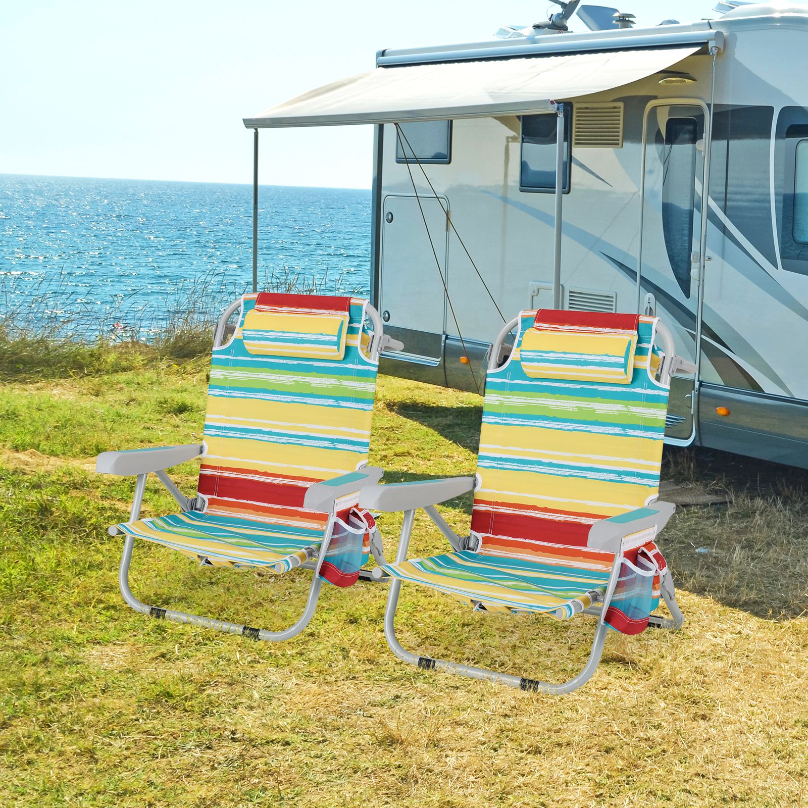 Chaise de plage pliable à dossier, porte-gobelet et poches rangement pour l'extérieur