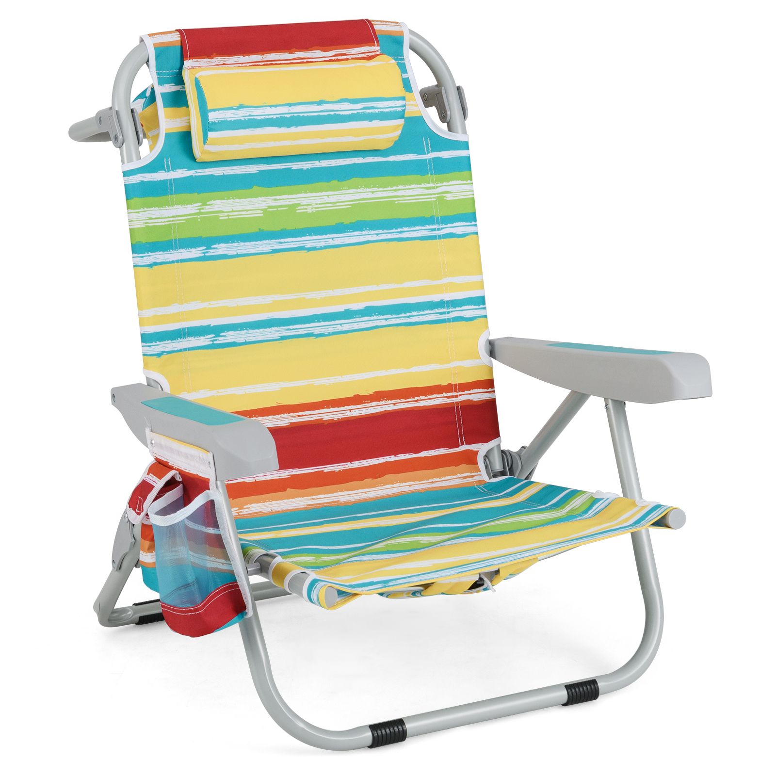 Chaise de plage pliable à dossier, porte-gobelet et poches rangement pour l'extérieur