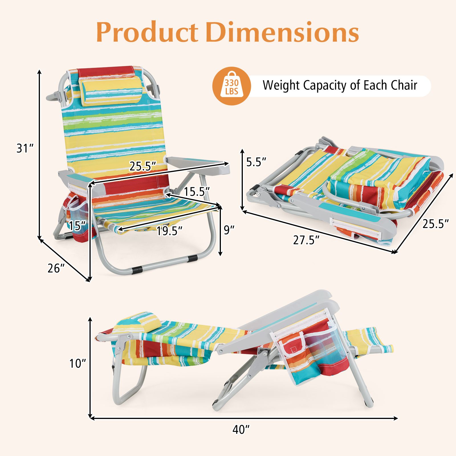 Chaise de plage pliable à dossier, porte-gobelet et poches rangement pour l'extérieur