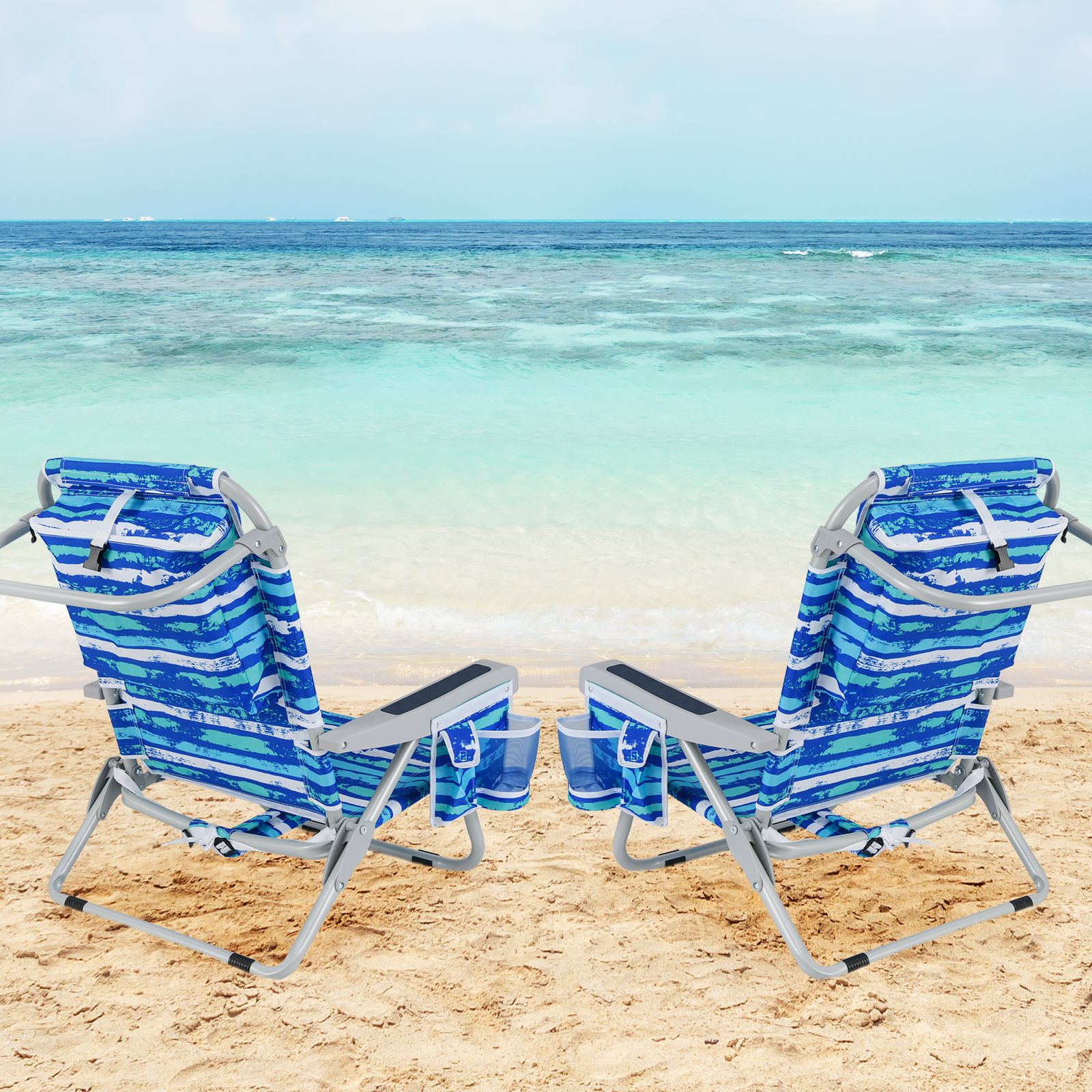 1 Piece Foldable Backpack Beach Chair, Cup Holder and Storage Pockets for Outdoor