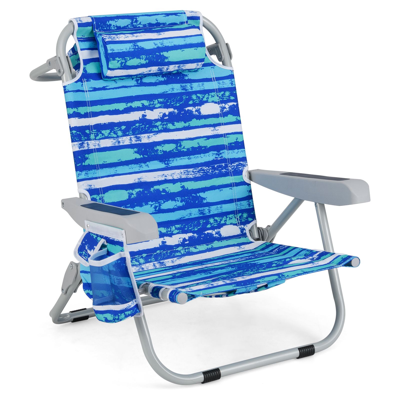 Chaise de plage pliable à dossier, porte-gobelet et poches rangement pour l'extérieur